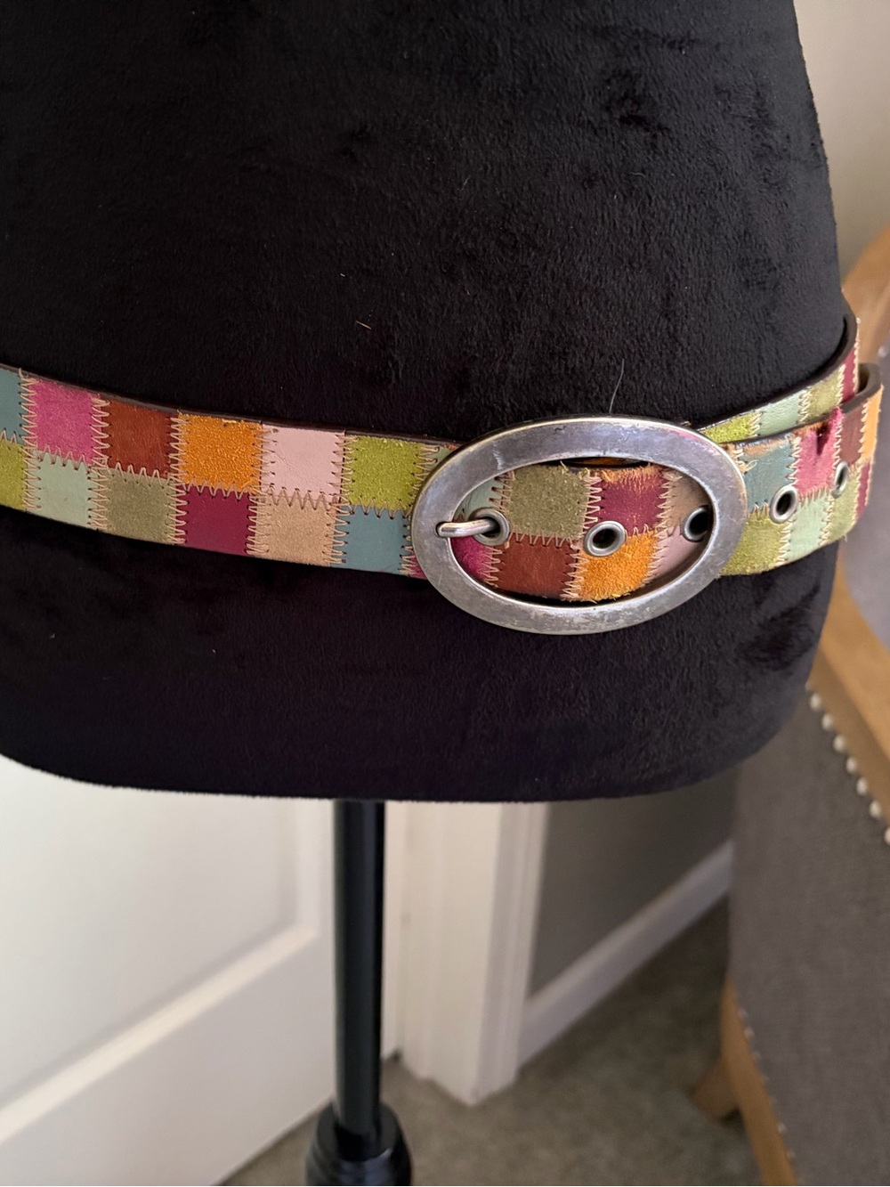 Fossil Patchwork Multicolor Leather Belt with Oval Silver Buckle